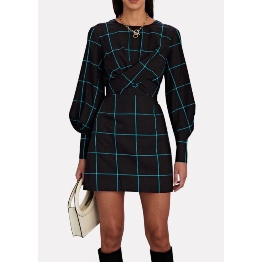 STAUD Crosshill Black Teal Plaid Cut Out Mini Dress Size Large Long Sleeve